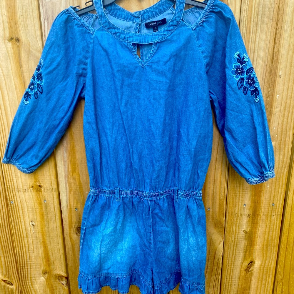Denim Romper. Embroidered Long-Sleeve. Girls  L